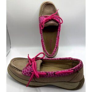 Sperry Top Sider Laguna Hot Pink Tan Leopard Leather Boat Shoes girls 2 1/2